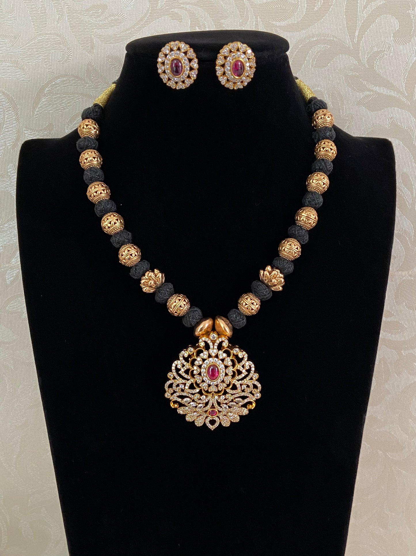 CZ Pendant Antique Thread Necklace Set | Traditional Indian Jewelry