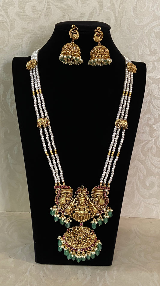 Lakshmi Pendant Beads Mala With Jumkis | Indian Designer Necklace | Temple jewelry