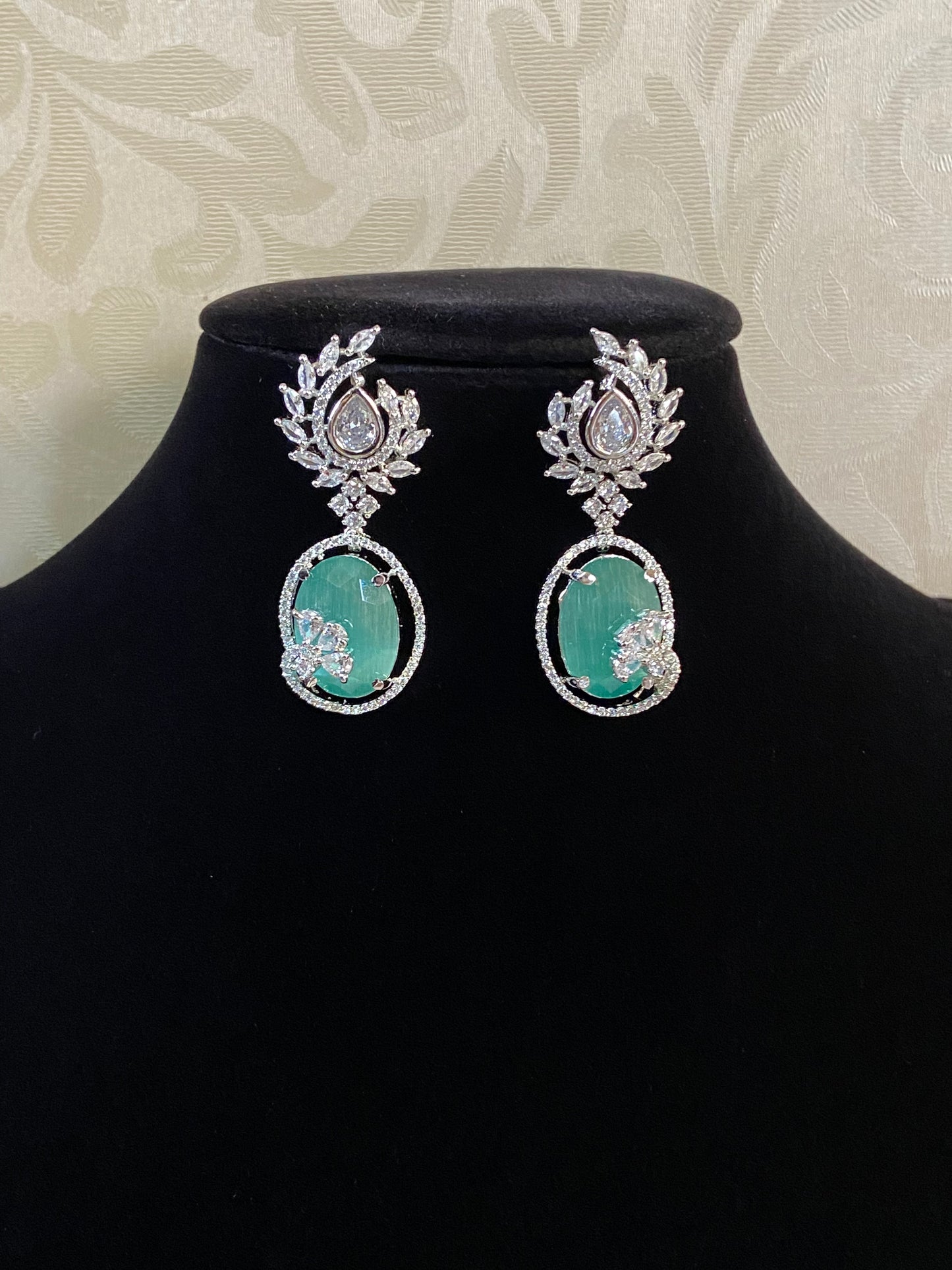 AD Rhodium Mint Green Earrings | Indian Earrings | Gift Idea