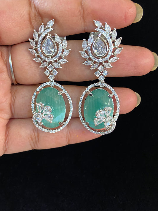 AD Rhodium Mint Green Earrings | Indian Earrings | Gift Idea