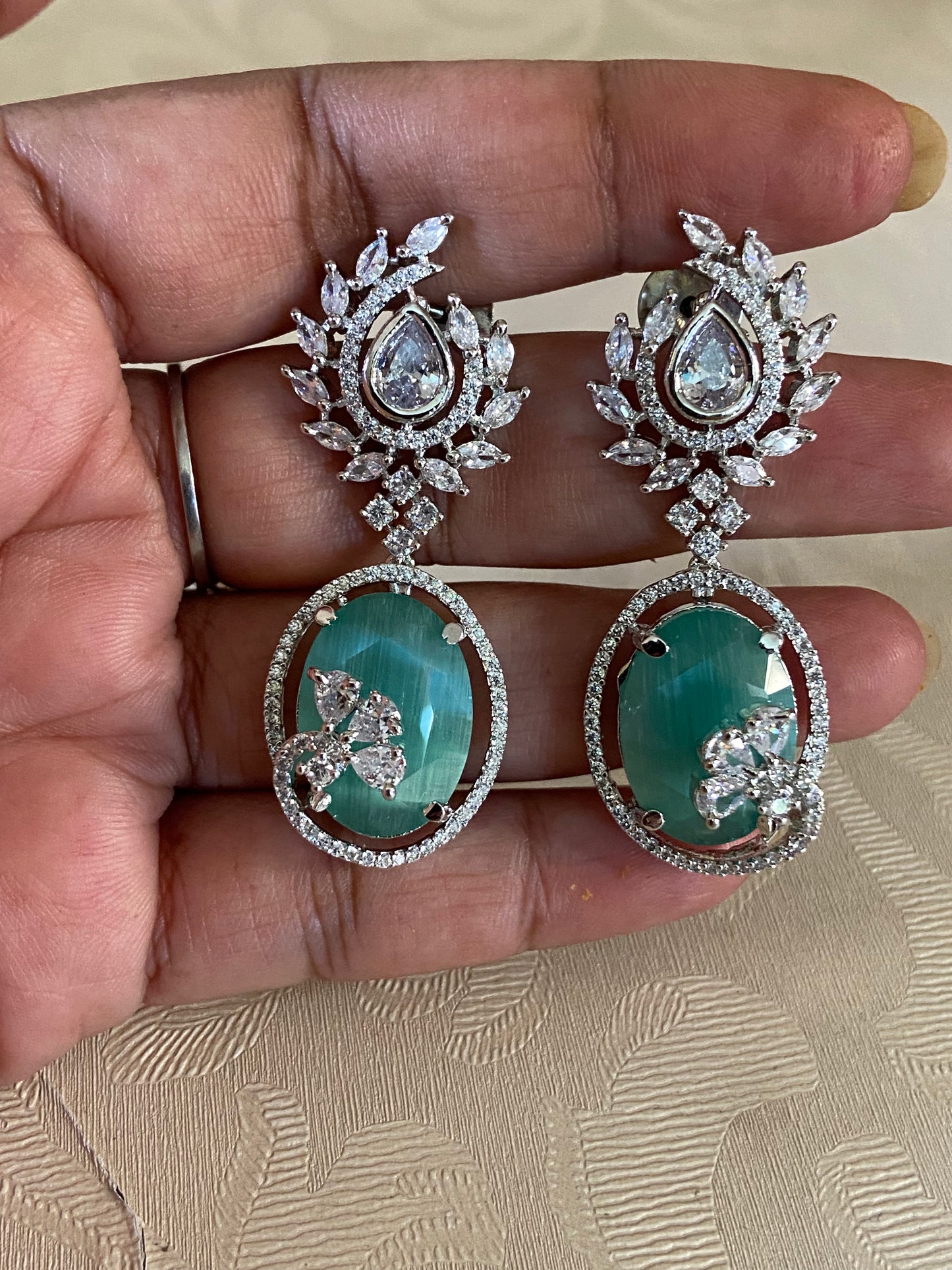 AD Rhodium Mint Green Earrings | Indian Earrings | Gift Idea
