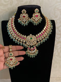Ruby Green Polki Kundan Necklace Set with Maang Tikka | Traditional Bridal Necklace