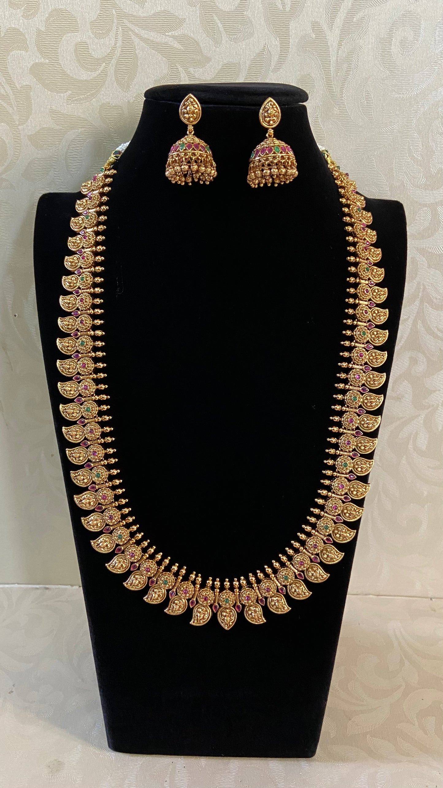 Antique Ruby Mango Long & short Necklaces With Jumki Earrings | Indian Traditional Necklaces