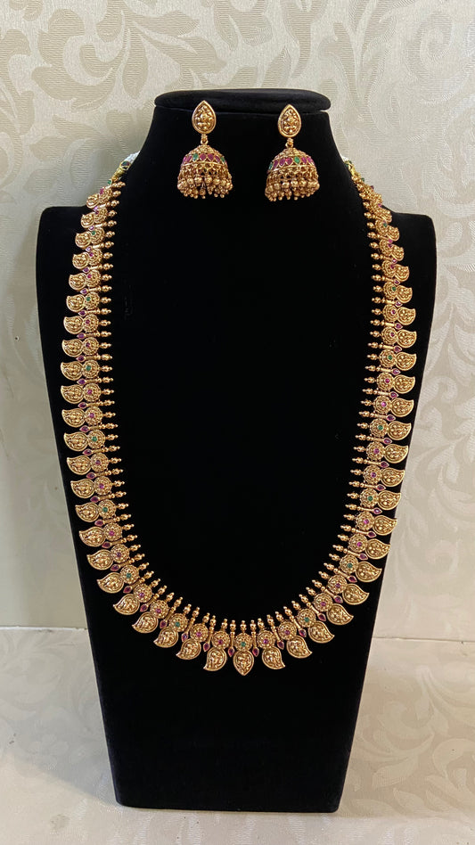 Antique Ruby Mango Long & short Necklaces With Jumki Earrings | Indian Traditional Necklaces