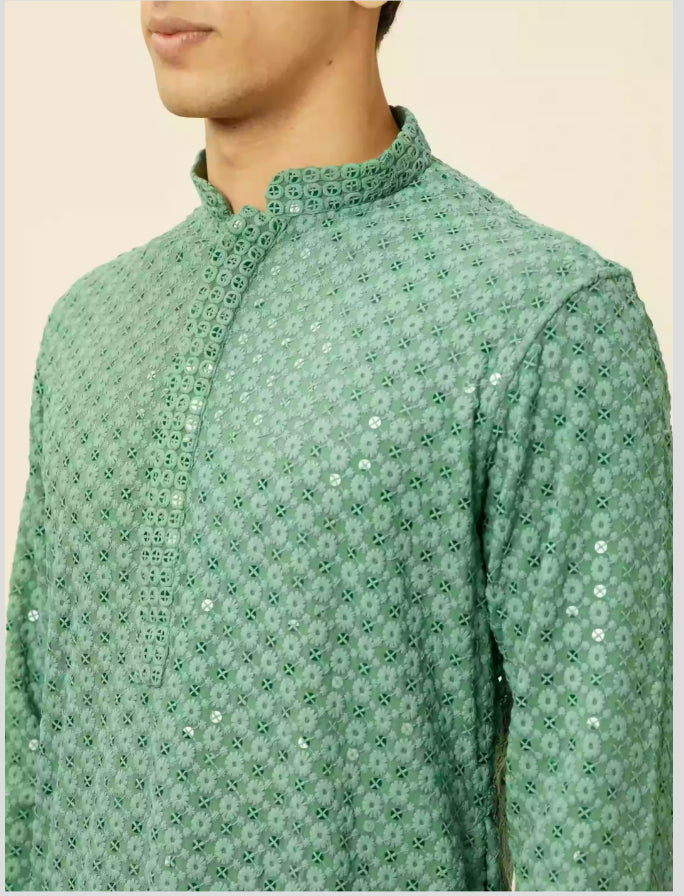 Pastel Lite Mid Green Chikankari Patterned Kurta Set