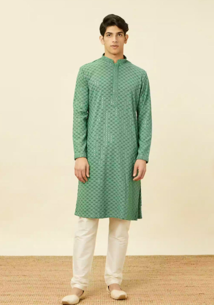 Pastel Lite Mid Green Chikankari Patterned Kurta Set