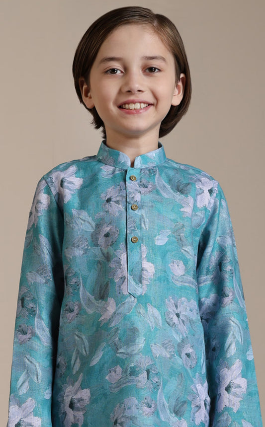 Boys Turquoise Floral Printed Kurta Set