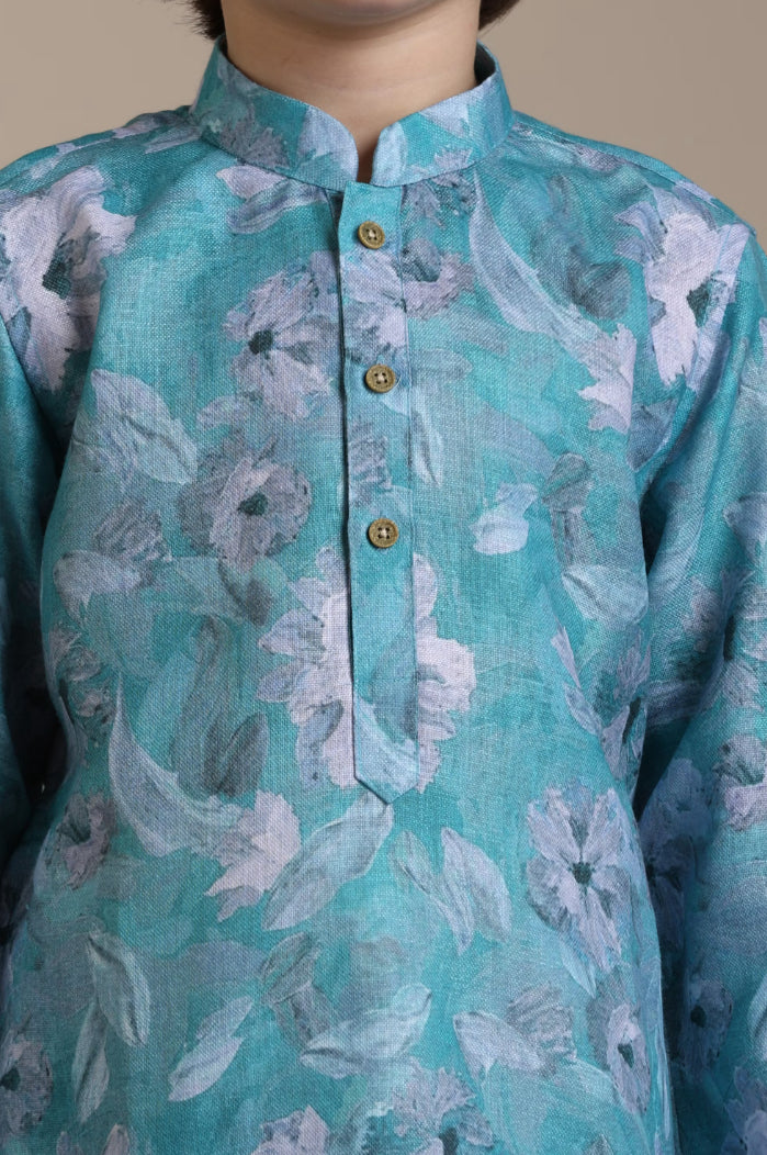 Boys Turquoise Floral Printed Kurta Set