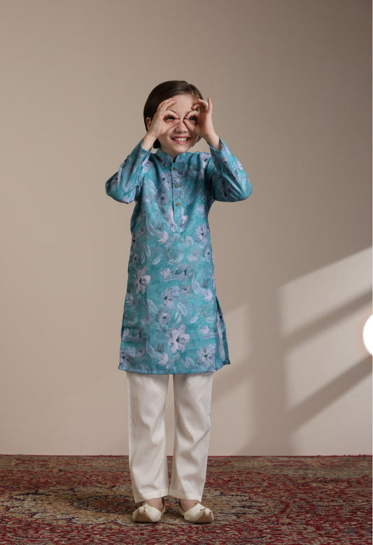 Boys Turquoise Floral Printed Kurta Set