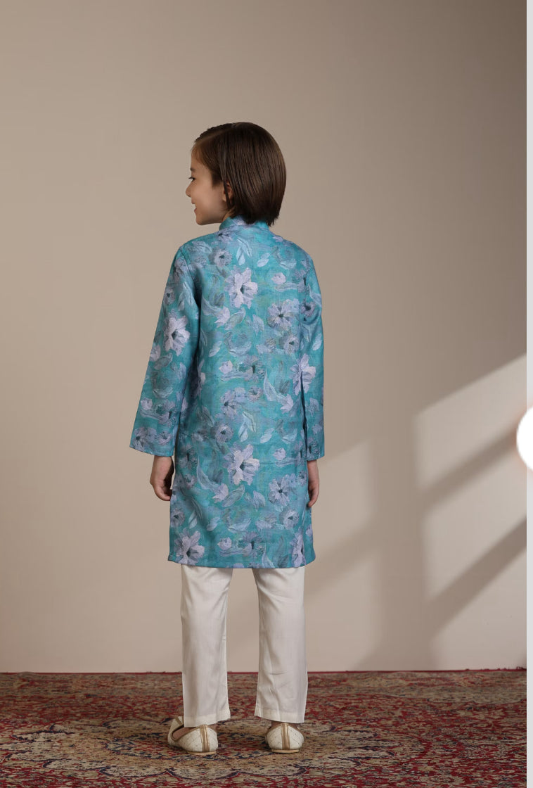 Boys Turquoise Floral Printed Kurta Set