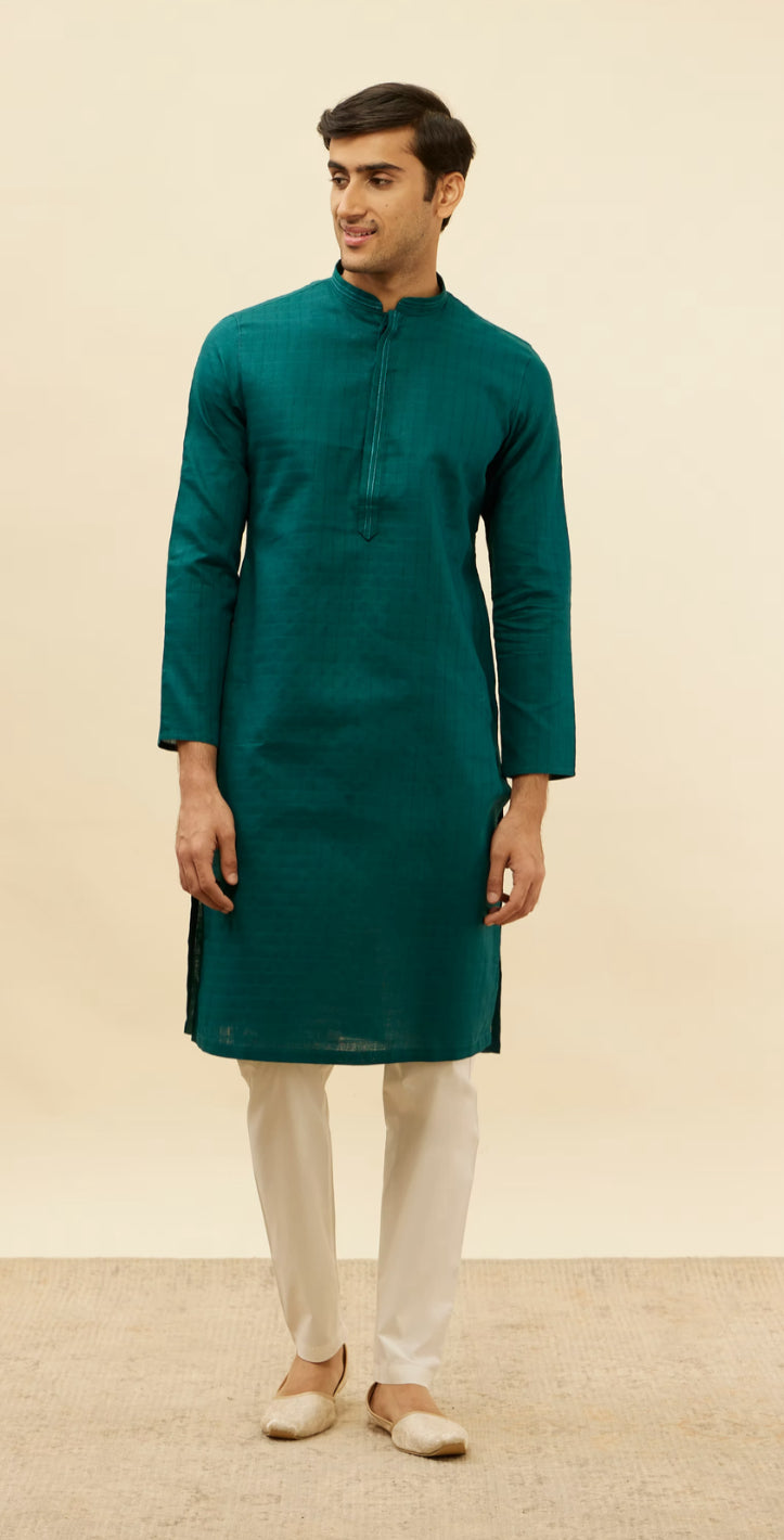 Blue Windowpane Checks Self Patterned Kurta Set