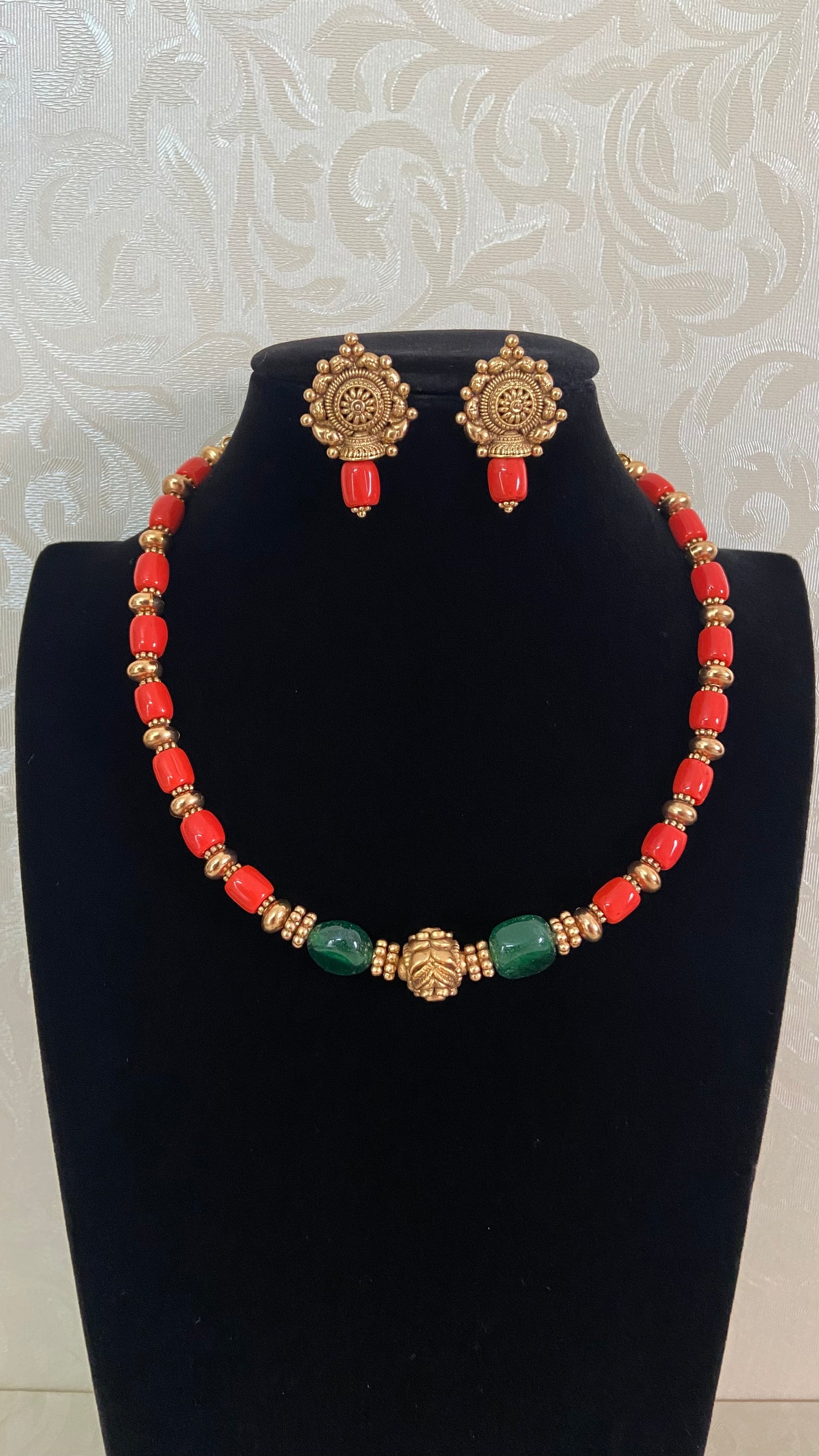 Coral Mala Necklace With Earrings |  Handmade jewelry