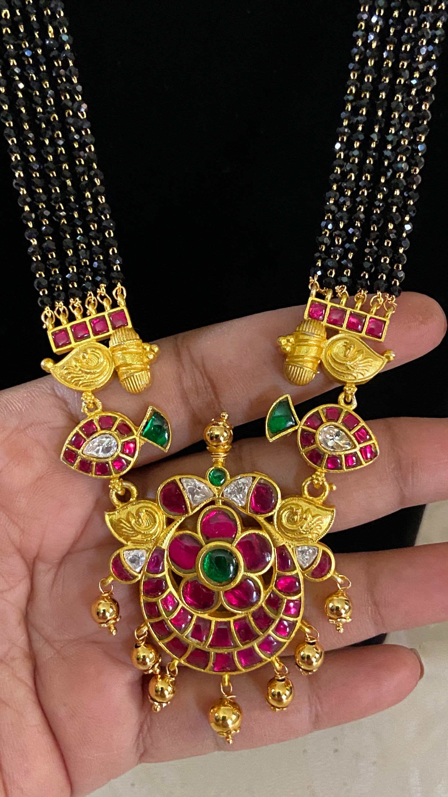 Jadau Kundan Pendant long Black Beads Necklace | Traditional Mangalasutra