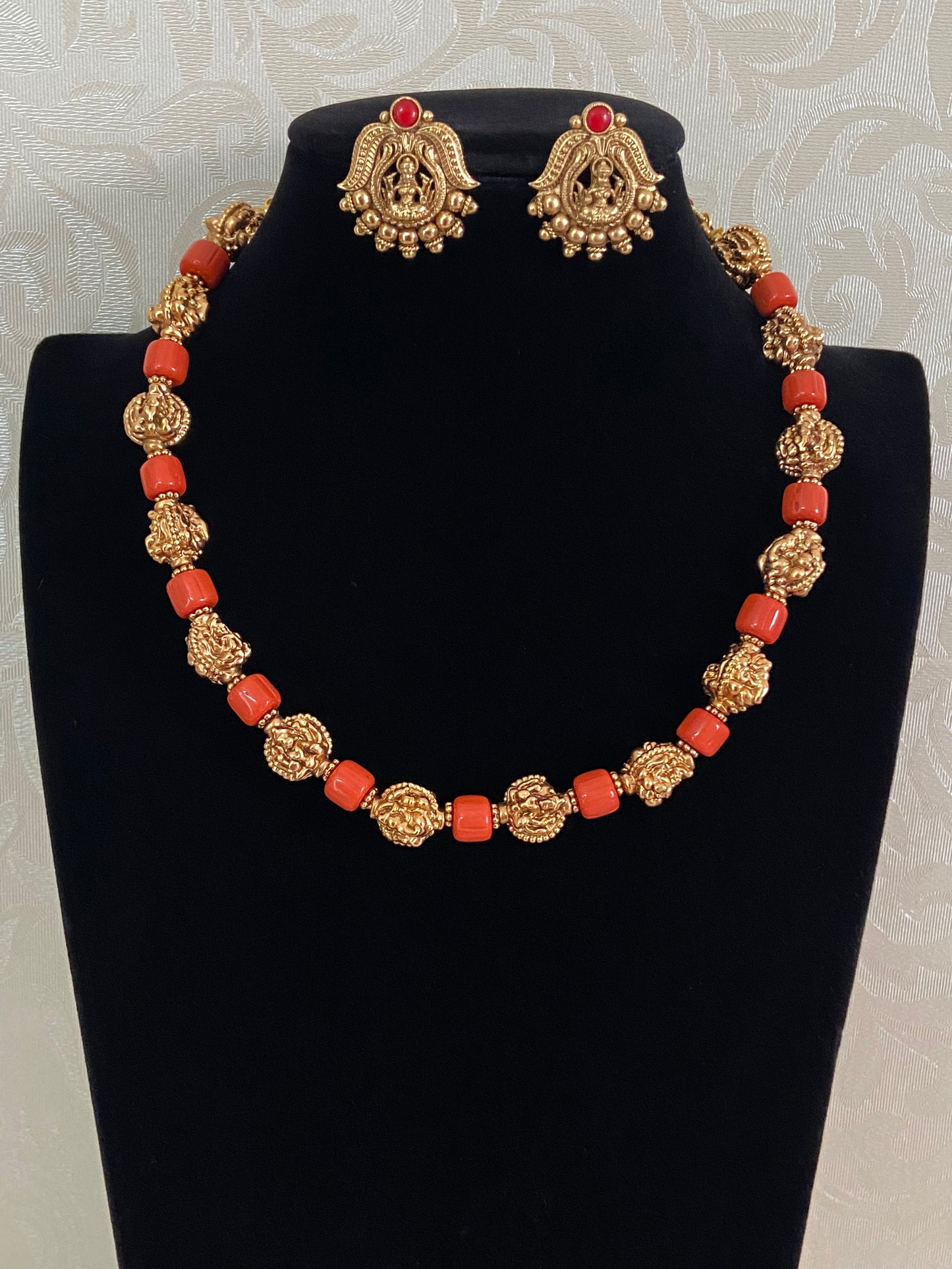 Coral Temple Lakshmi Beads Mala with Studs | Traditional Jewelry