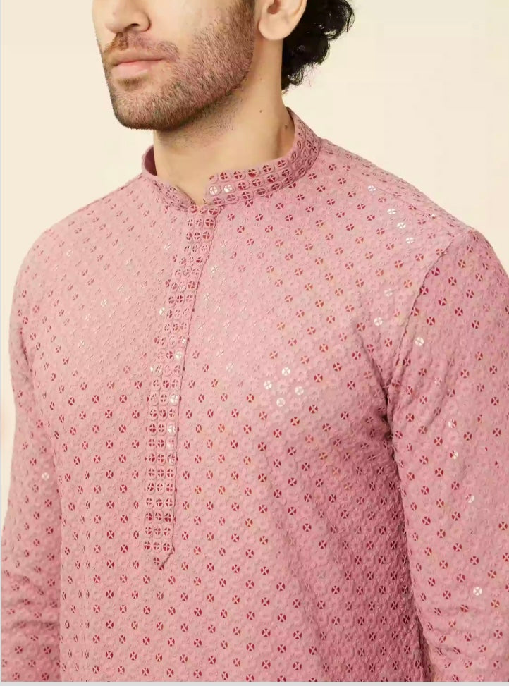 Pink Floral Chikankari Embroidered Kurta Set