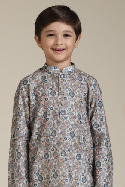 Boys Soft Beige Jaal Patterned Kurta Set