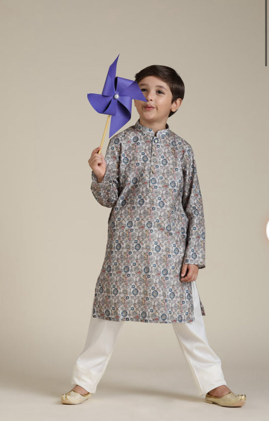 Boys Soft Beige Jaal Patterned Kurta Set