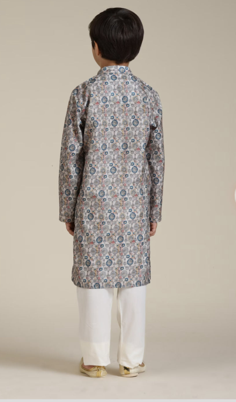 Boys Soft Beige Jaal Patterned Kurta Set