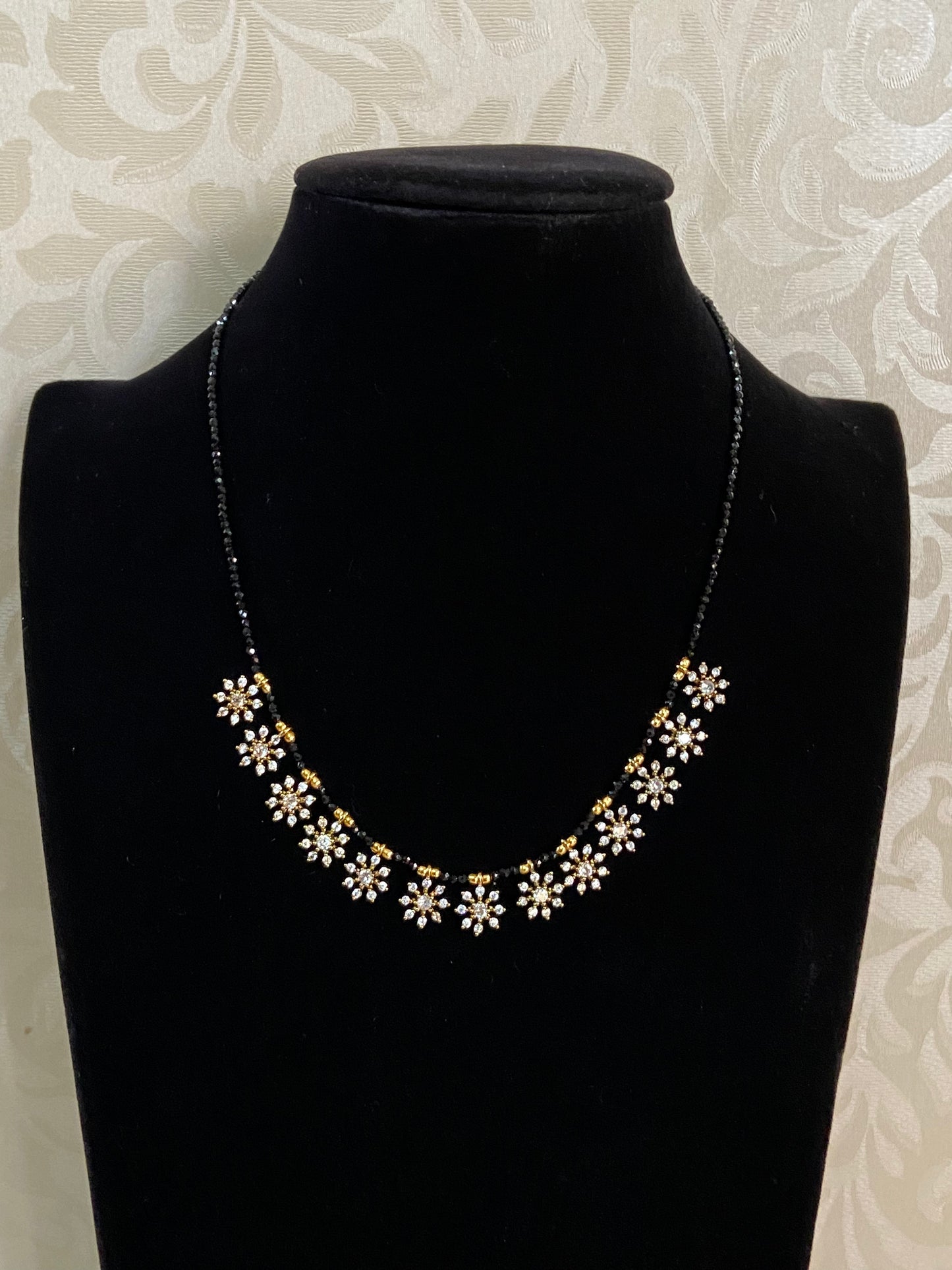 16” length AD Flower Pendants Mangalasutra | Traditional Black Beads Necklace