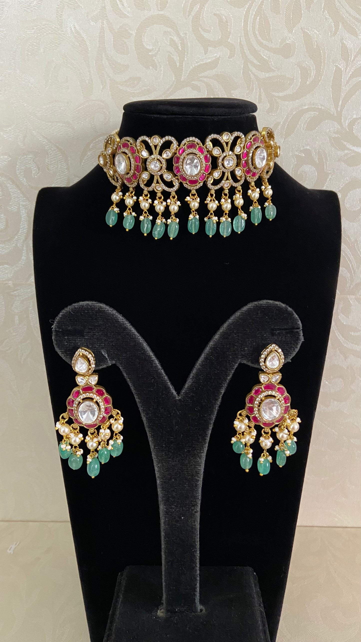 Moissanite & Jadau Fusion Choker With Earrings | Indian Jewelry In USA