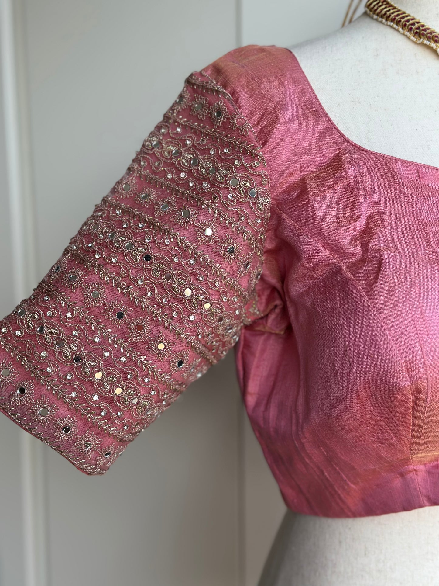 Baby Pink tissue Raw Silk Blouse | Saree blouses in USA | Boutique blouses