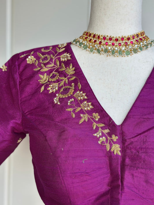 Magenta  Rawsilk Embroidery  Blouse | Readymade Embroidery Blouses in USA