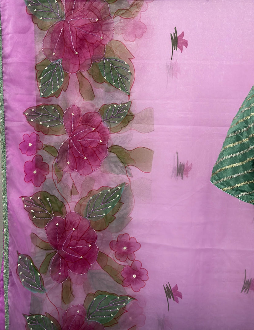 Pinkish purple Organza Handwork Saree