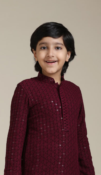 Boys Maroon Red Chikankari Kurta Set with Sequin Work