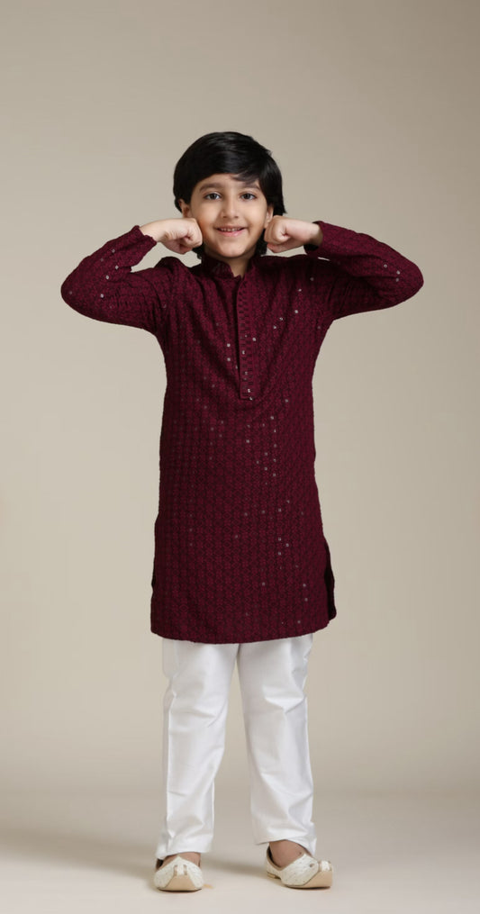 Boys Maroon Red Chikankari Kurta Set with Sequin Work