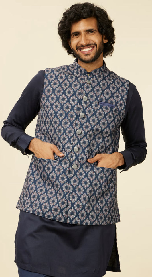 Dark Blue Medallion Printed Nehru Jacket