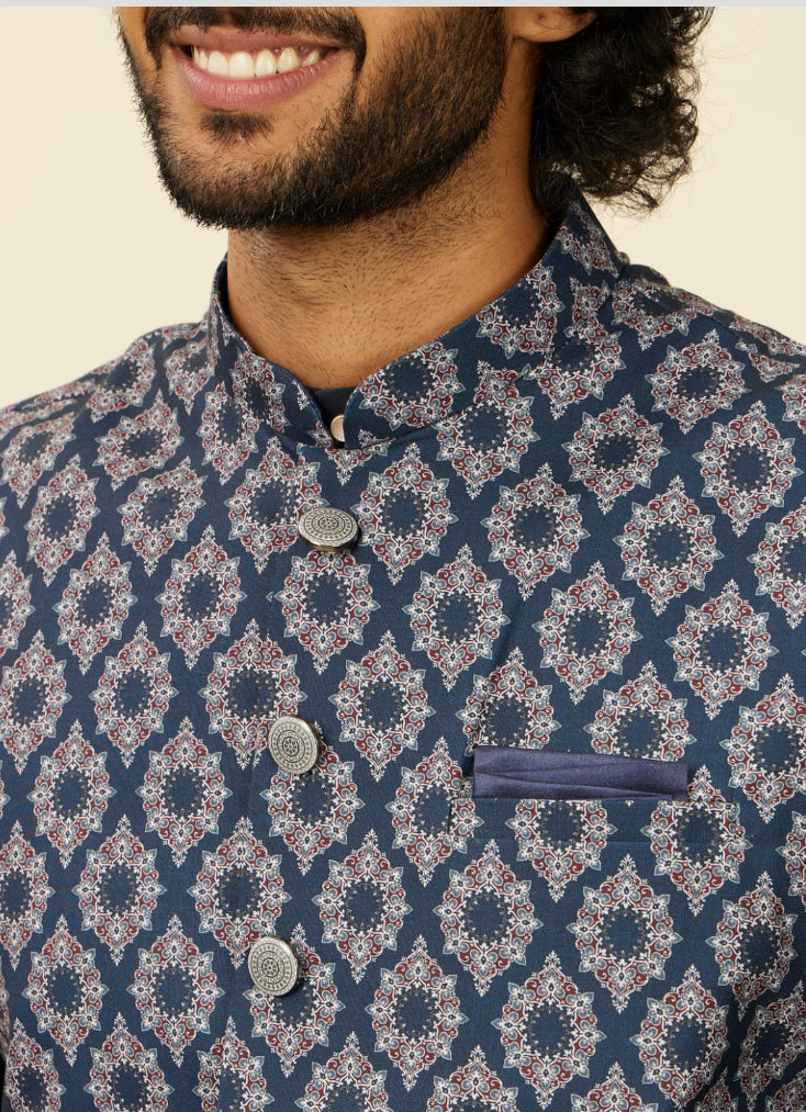 Dark Blue Medallion Printed Nehru Jacket