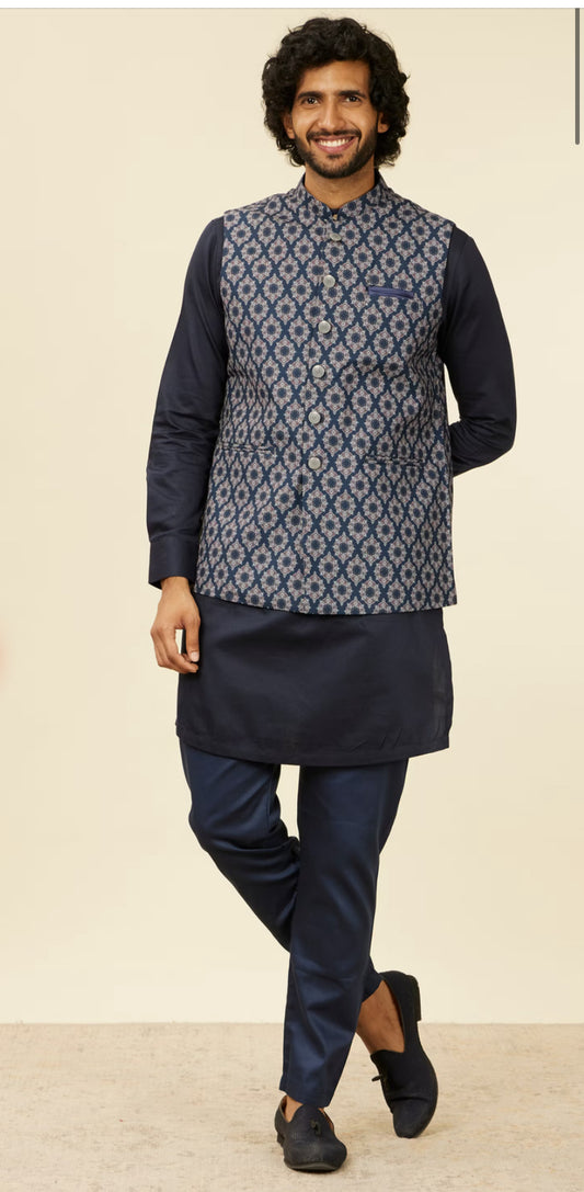 Dark Blue Medallion Printed Nehru Jacket