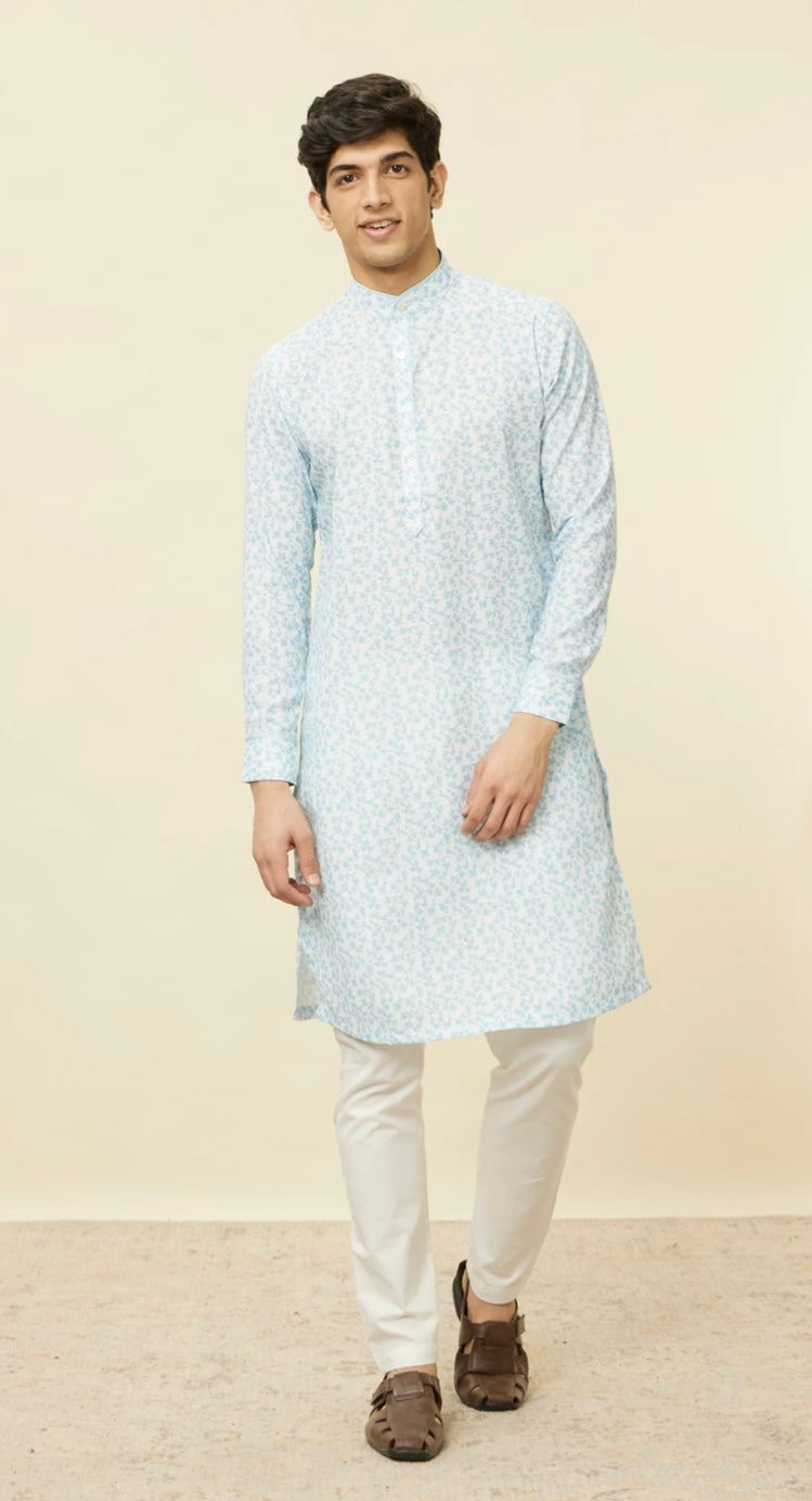 Aqua Blue Bel Buti Printed Kurta