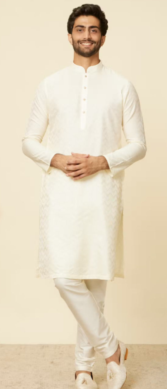 Cream Ikat Patterned Kurta Set