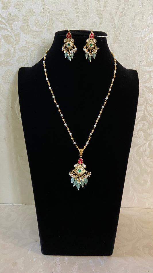 Kundan Pendant Gold & pearl Beads Chain With Earrings | Simple Necklace