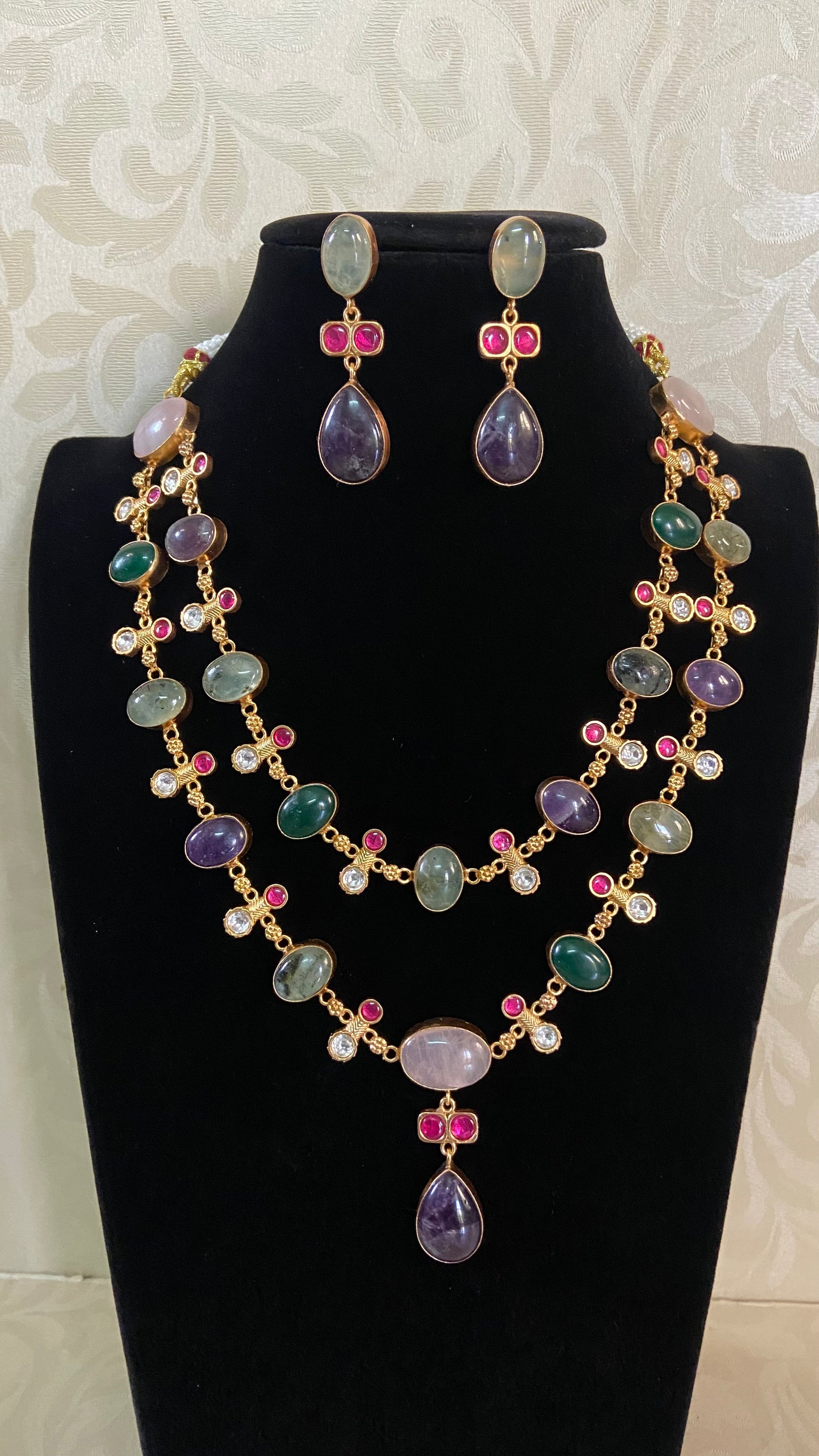 Natural Stones Multicolour Fusion 2Layer Necklace Set | Latest Indian jewelry