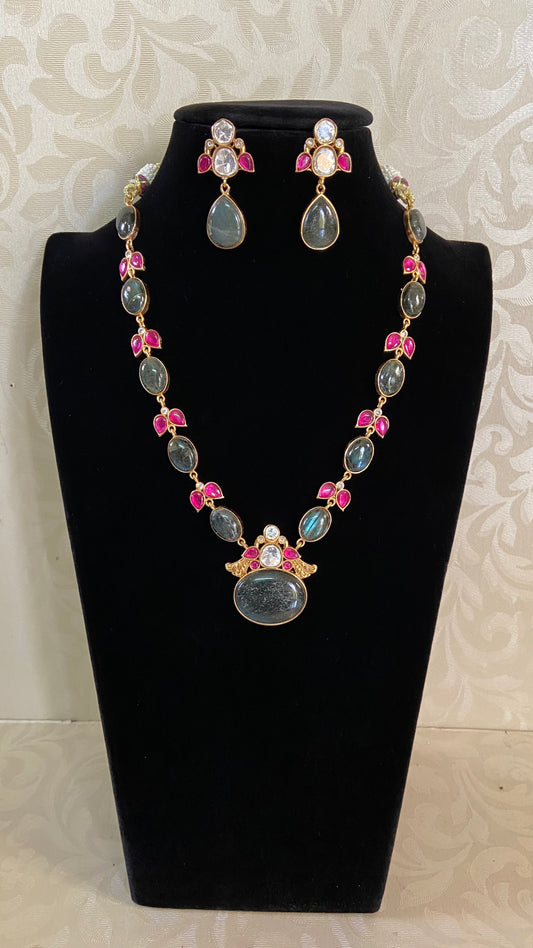 Natural Stones Jadau Fusion Necklace with Earrings | Indian Latest Jewelry In USA