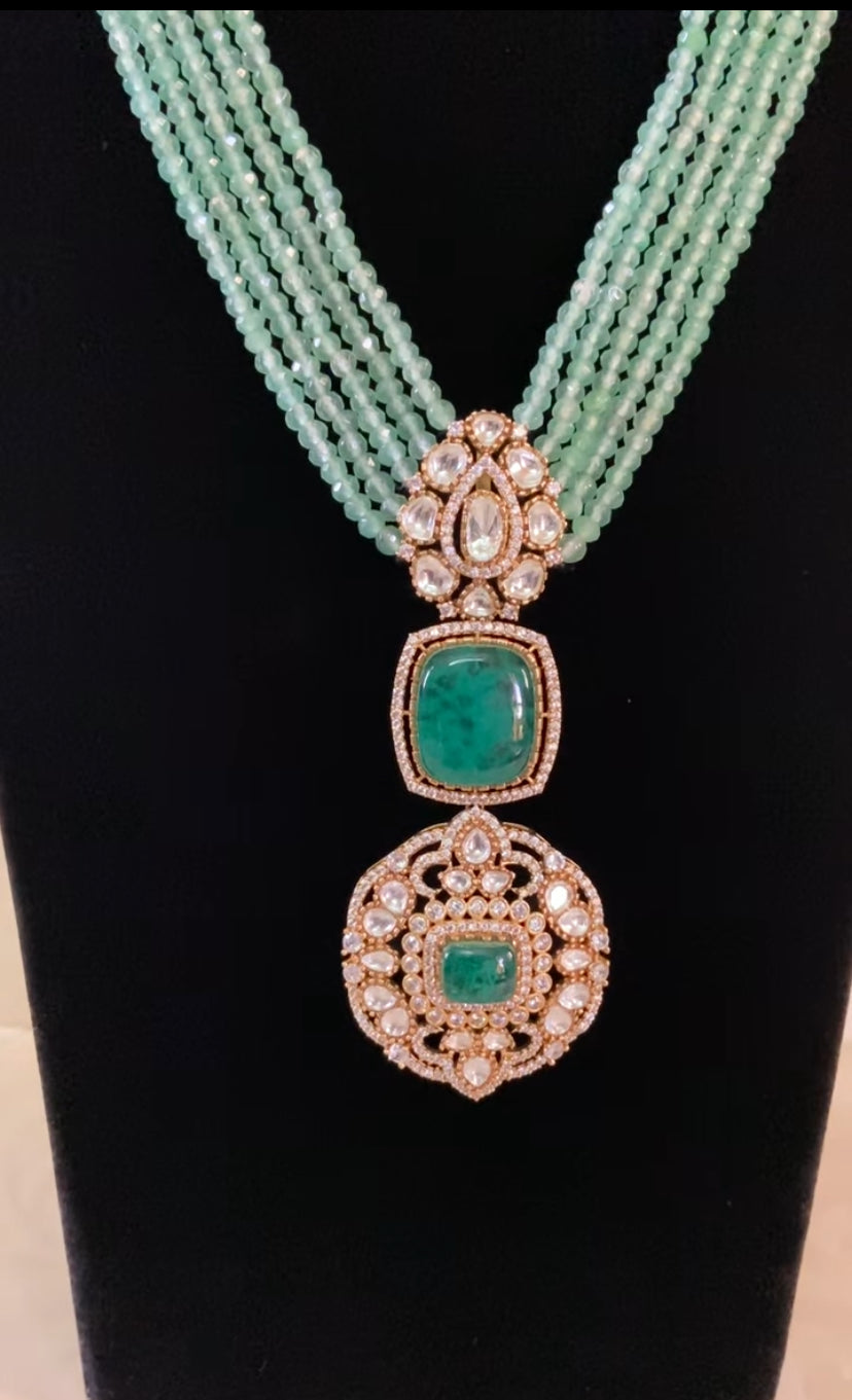 Moissanite pendant Green Beads Mala Necklace With Jumki Earrings