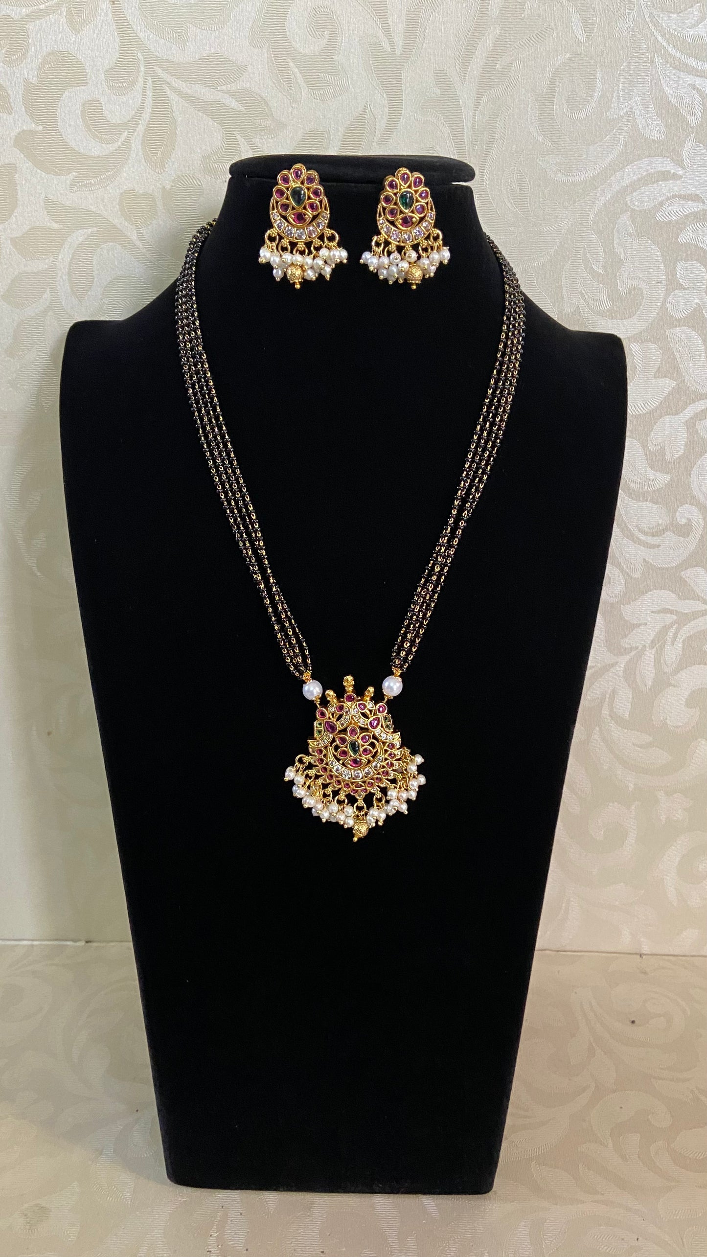 Antique Ruby Pearl Pendant Mangalasutra | Traditional Black Beads Necklace