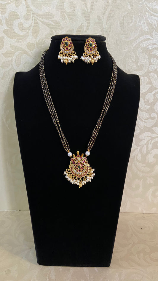 Antique Ruby Pearl Pendant Mangalasutra | Traditional Black Beads Necklace