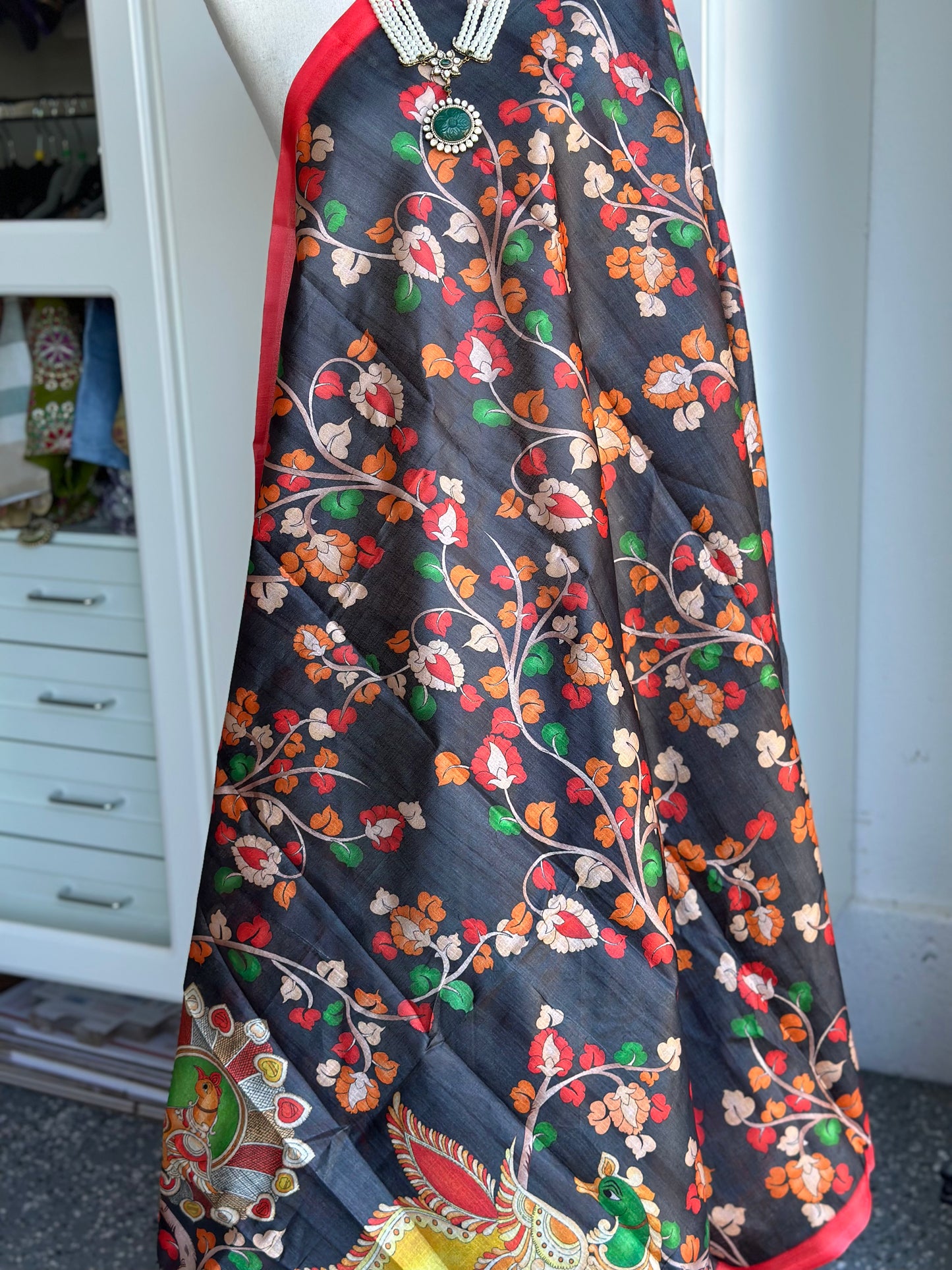 Ethnic Pichwai Black Printed Assam Silk Dupatta