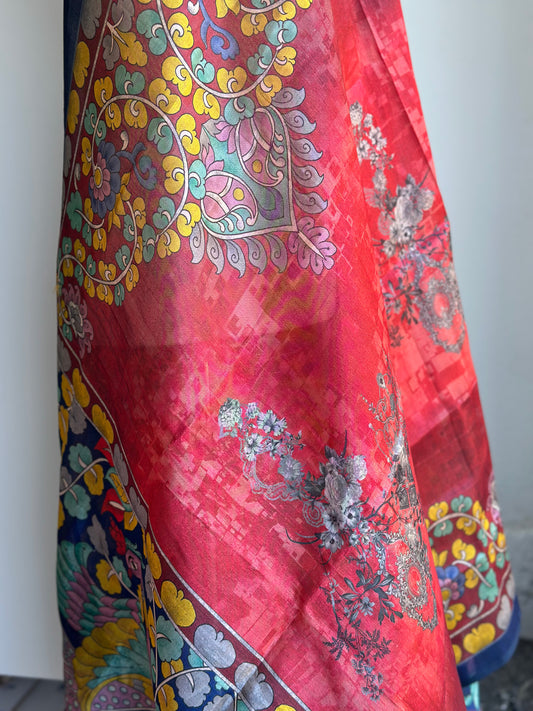 Ethnic Pichwai Maroon Printed Assam Silk Dupatta