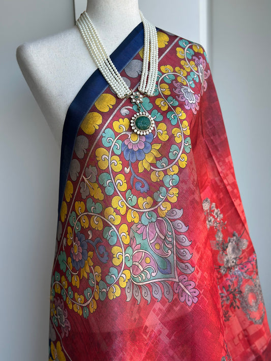 Ethnic Pichwai Maroon Printed Assam Silk Dupatta