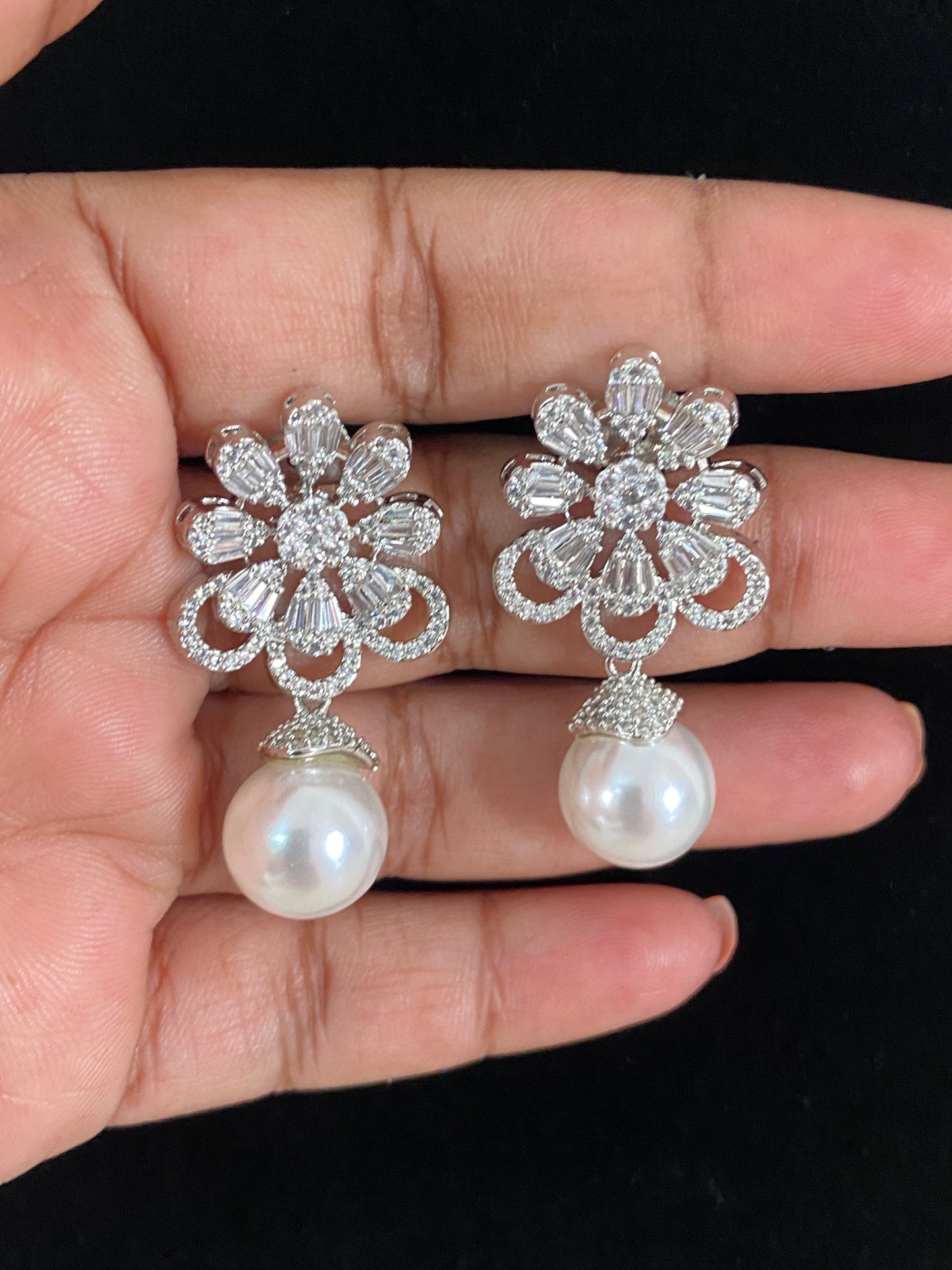 AD Pearl Rhodium Earrings | Indian Earrings In USA