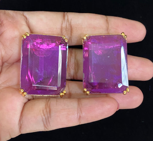 Amethyst Rectangular Large Cut Stone Earrings