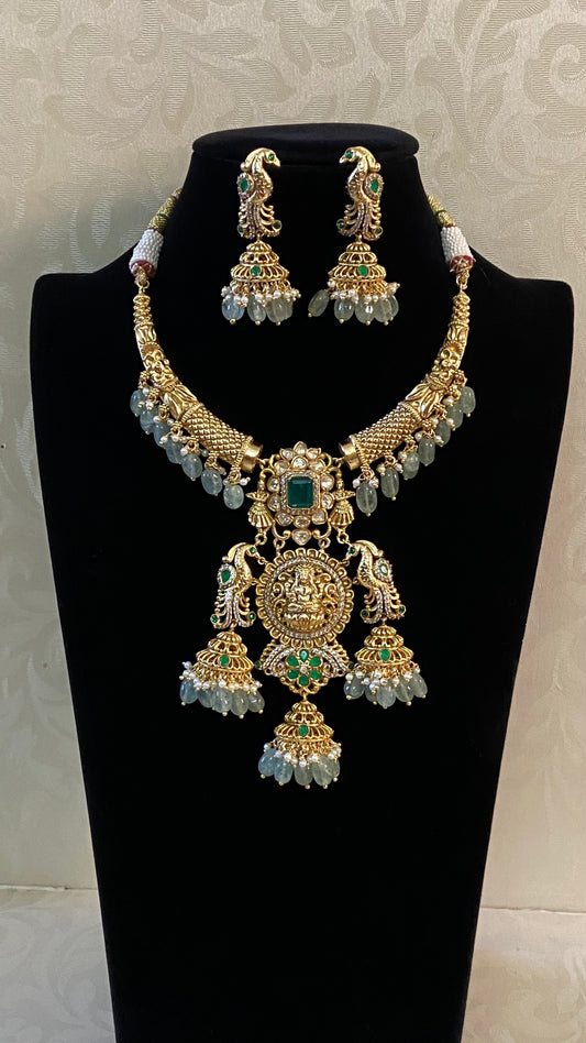 Antique AD Lakshmi Pendant Kante Set | Traditional Necklace