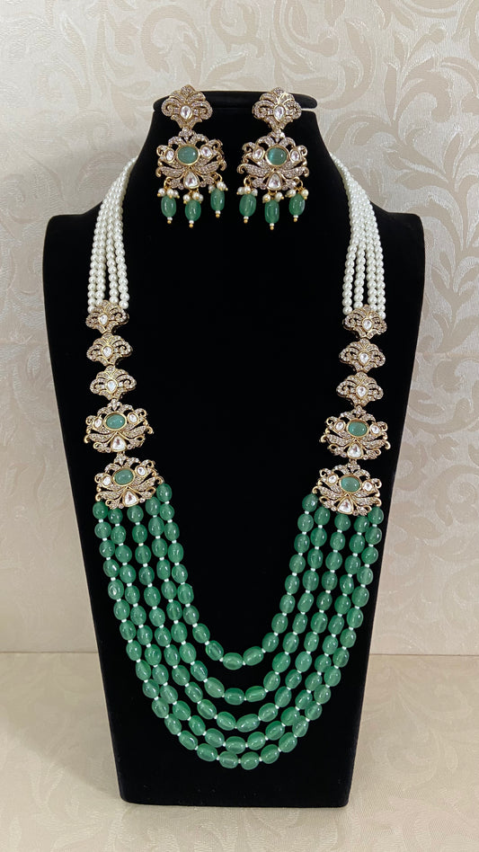 Vintage Green & Pearl Mala With Earrings