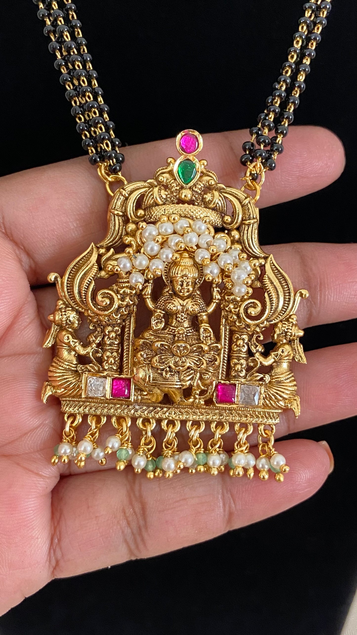 Antique Lakshmi Pendant Set Mangalasutra | Traditional Black Beads