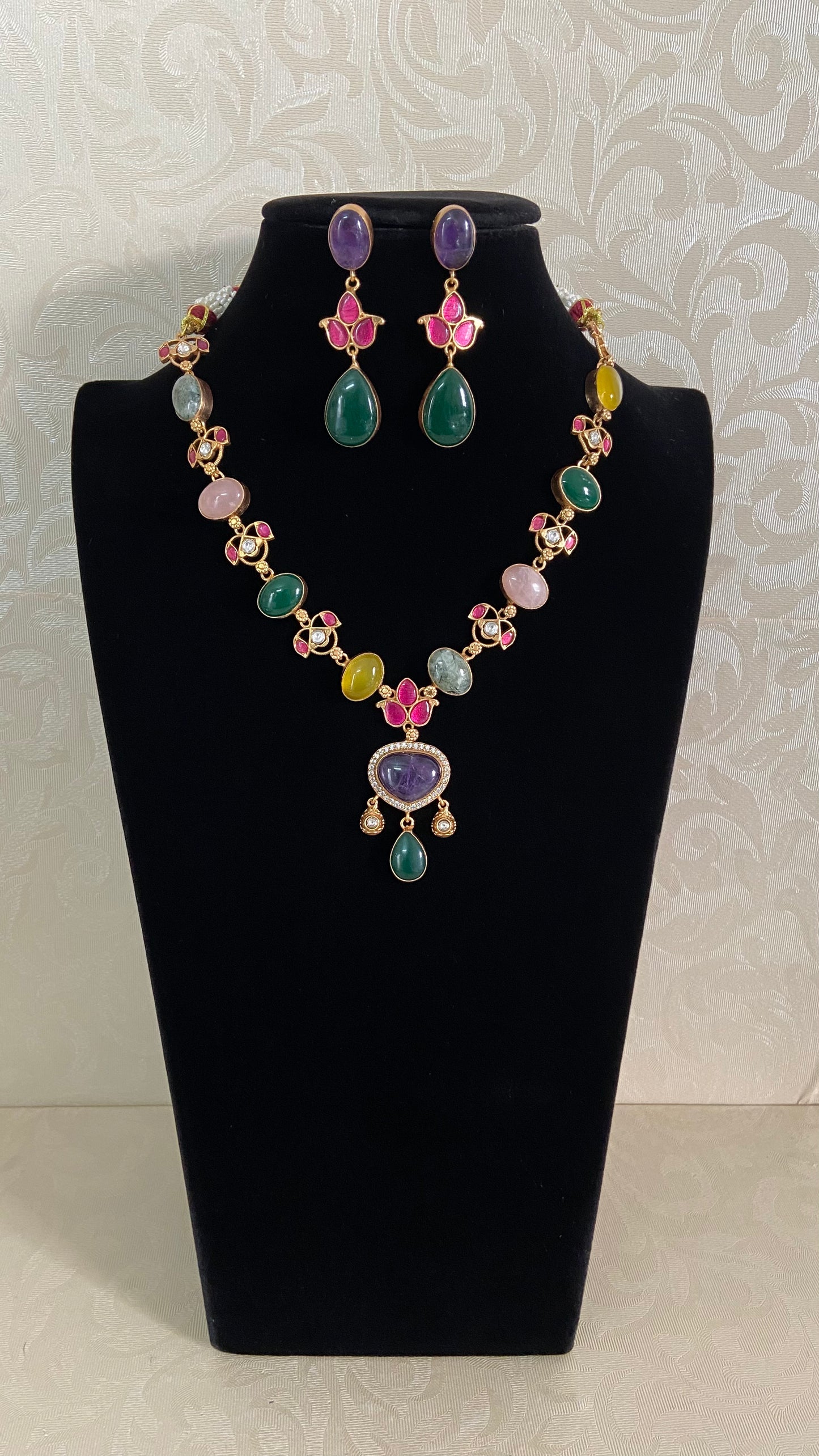 Kundan Fusion Natural Stones Necklace Set | Indian jewelry In USA