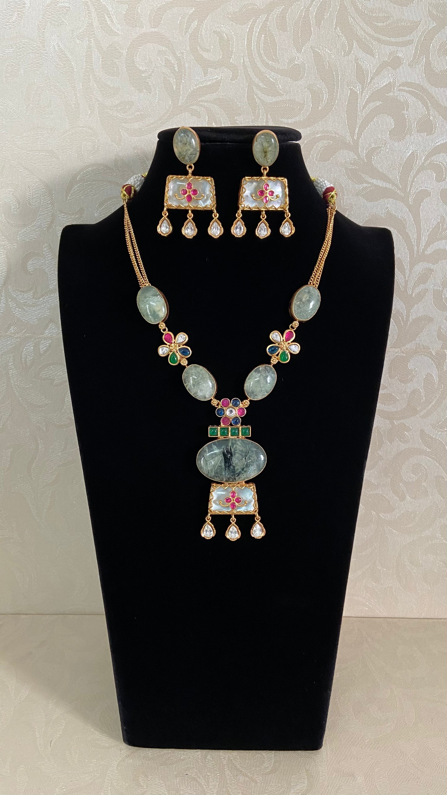 Kundan Fusion Natural Stones Necklace Set | Indian jewelry In USA
